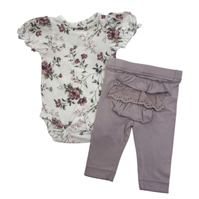 Set bílého body s květy a růžové legíny s kanýrem NEWBIE