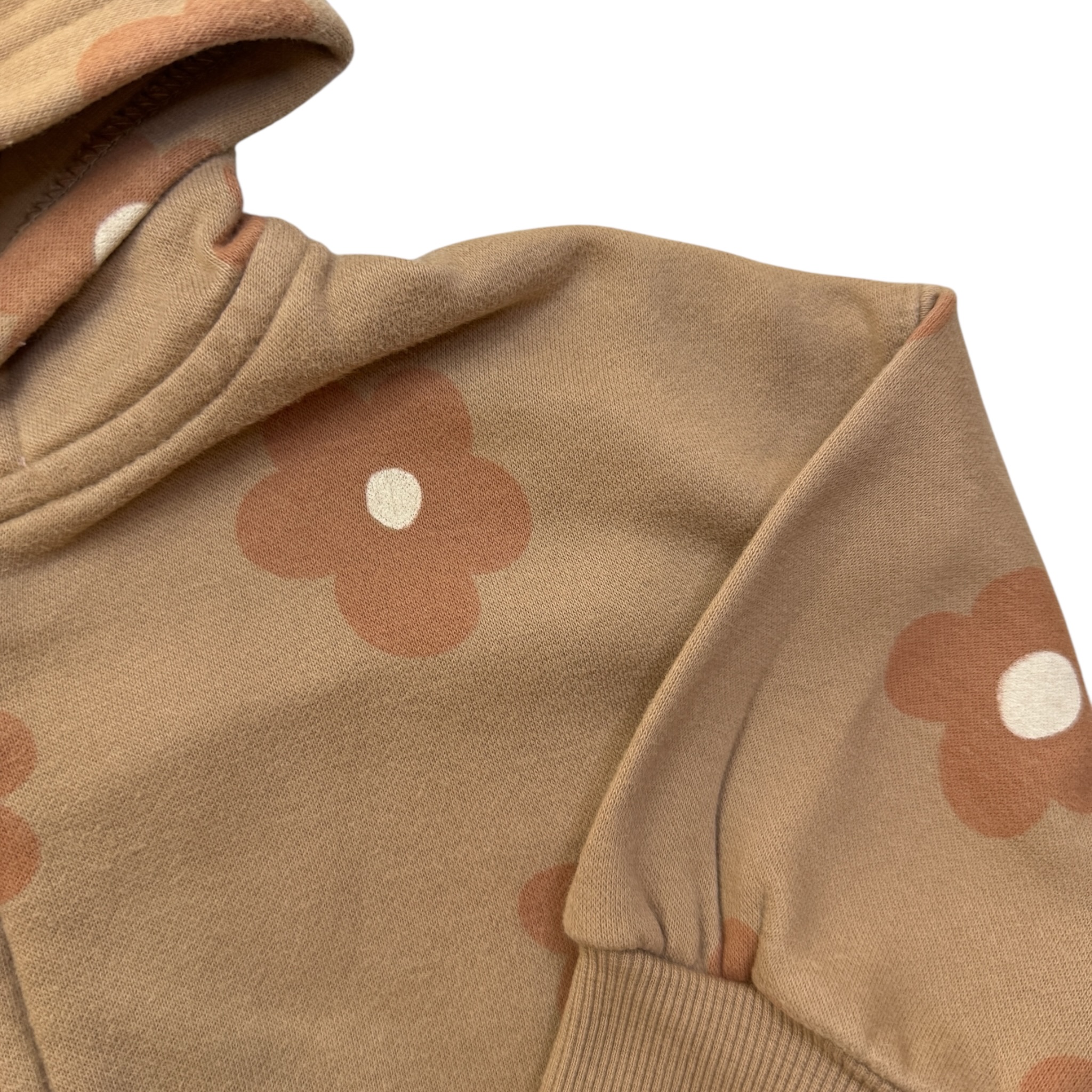 Hnědá oversize mikina na zip s květy a kapucí